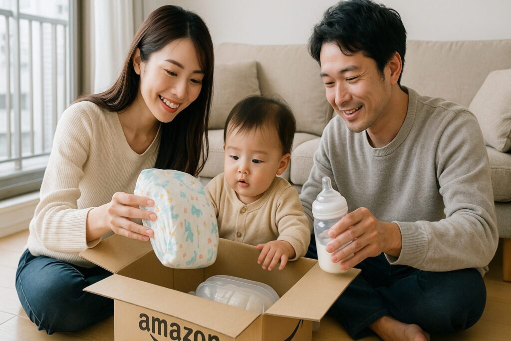 amazonでベビー用品が届いて開封している家族