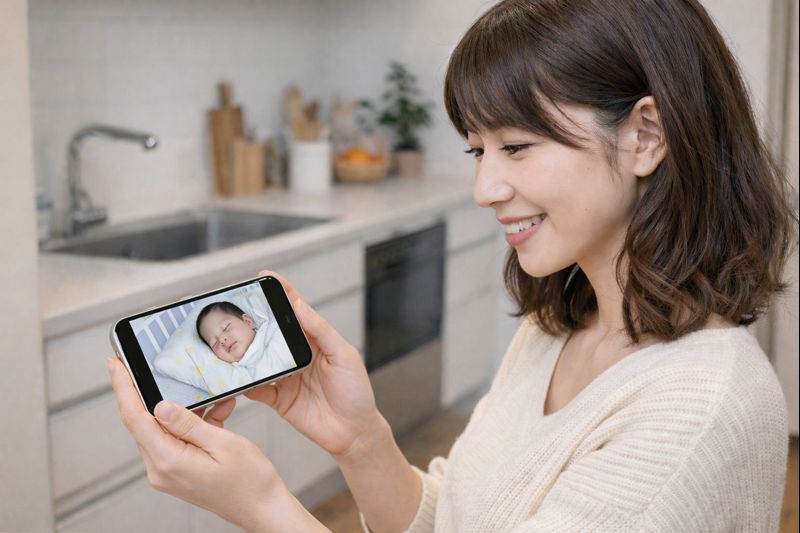 キッチンでiPhoneを使って赤ちゃんの画像を確認しているままの画像