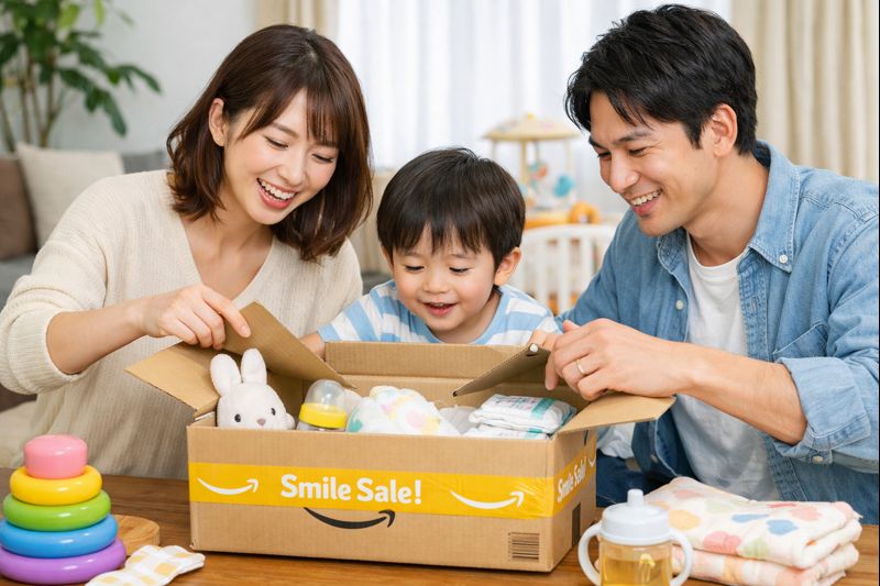スマイルセールでベビー用品が届いて開封する画像