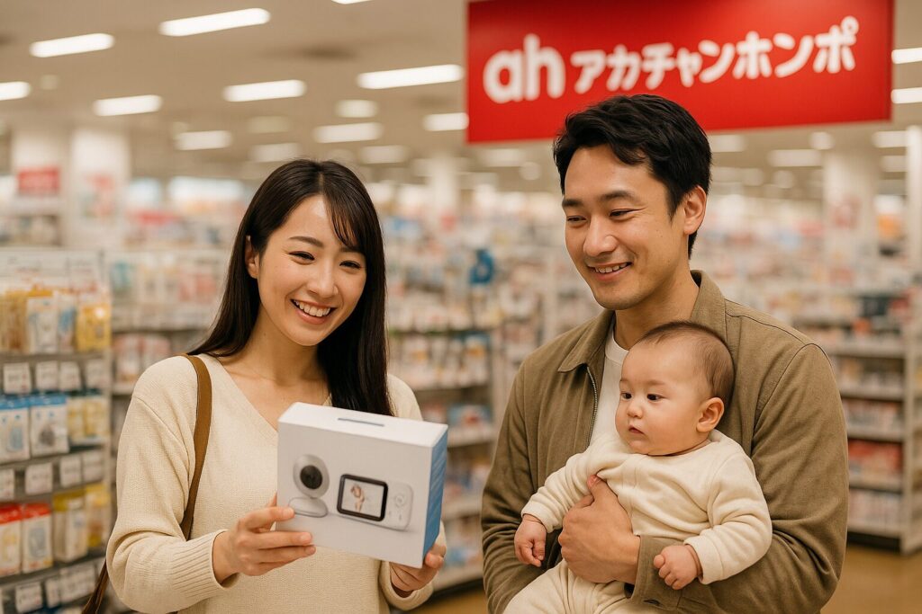 アカチャンホンポでベビーモニターを選んでいる家族