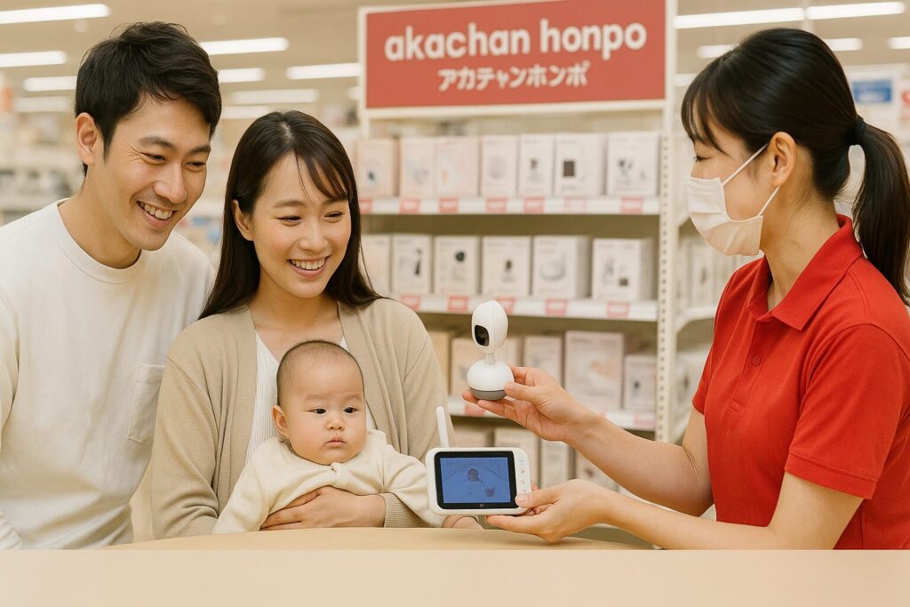 アカチャンホンポでベビーモニターの体験をしている画像