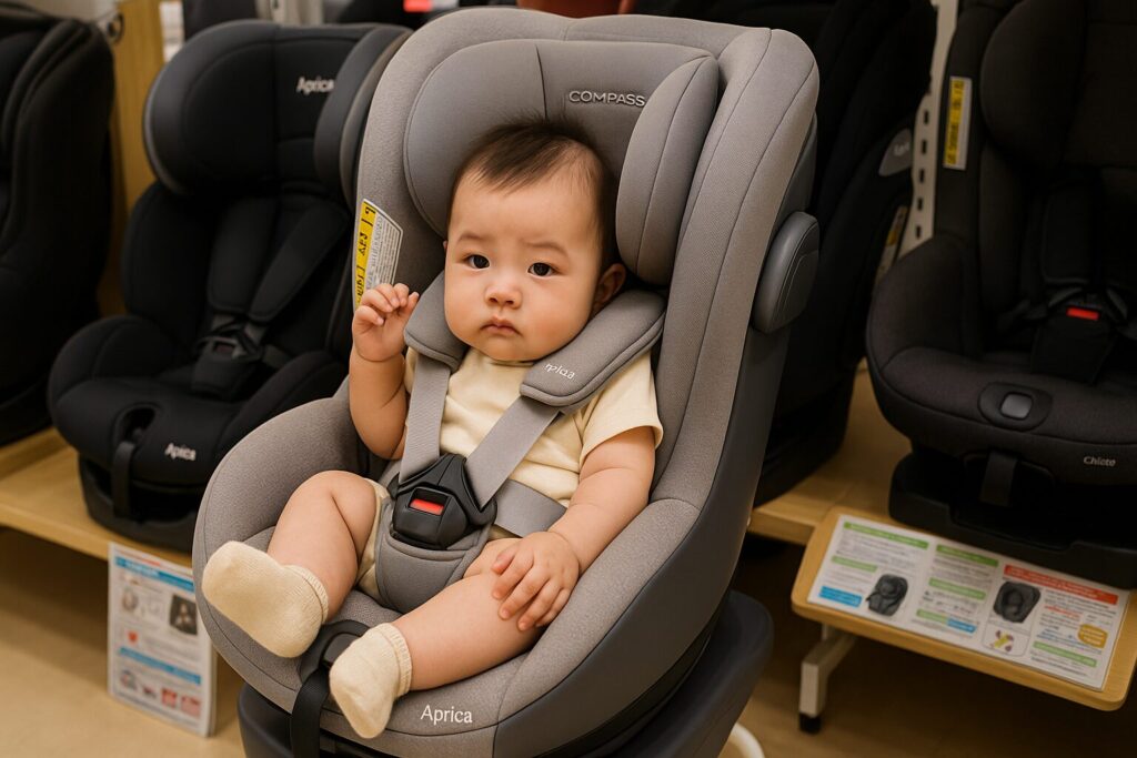 赤ちゃんがチャイルドシートを試している写真
