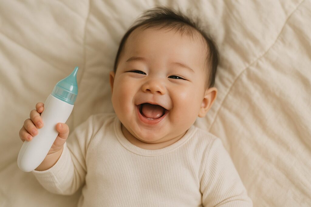 鼻吸い器を使ってご機嫌になった赤ちゃんの画像