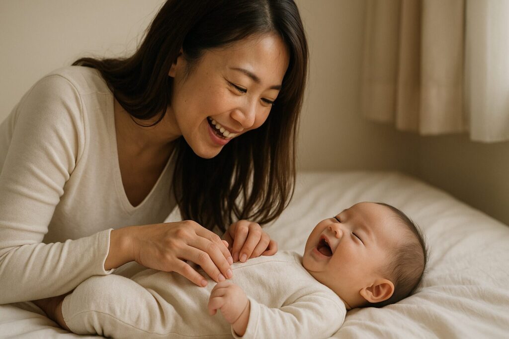 赤ちゃんをママがあやしている画像