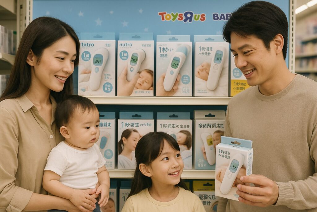 トイザらスで家族で赤ちゃん用の体温計を選んでいる画像