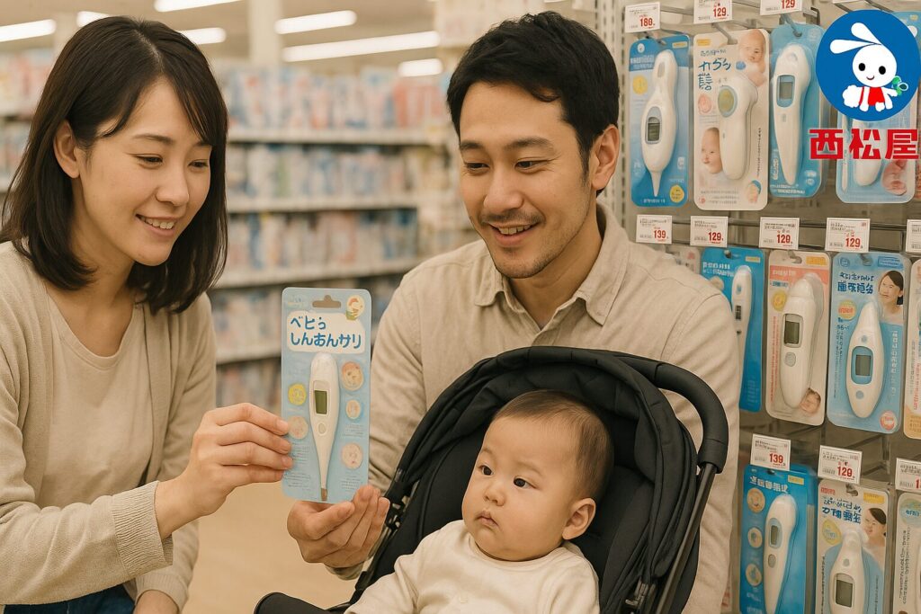 西松屋で赤ちゃん用体温計を選んでいる家族