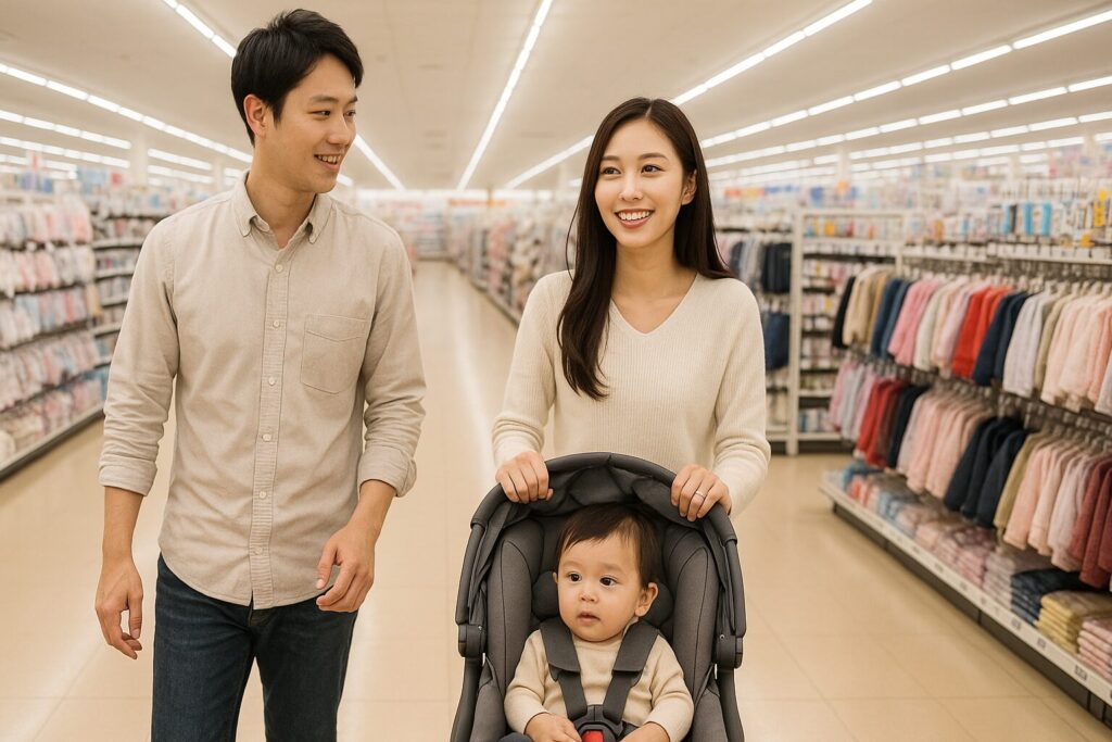 西松屋の店内を買い物する家族