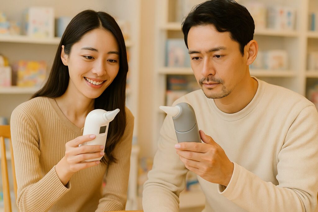 大人が鼻吸い器をみて選んでいる画像