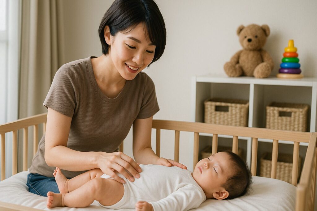 ママが赤ちゃんをベッドで寝かせている画像