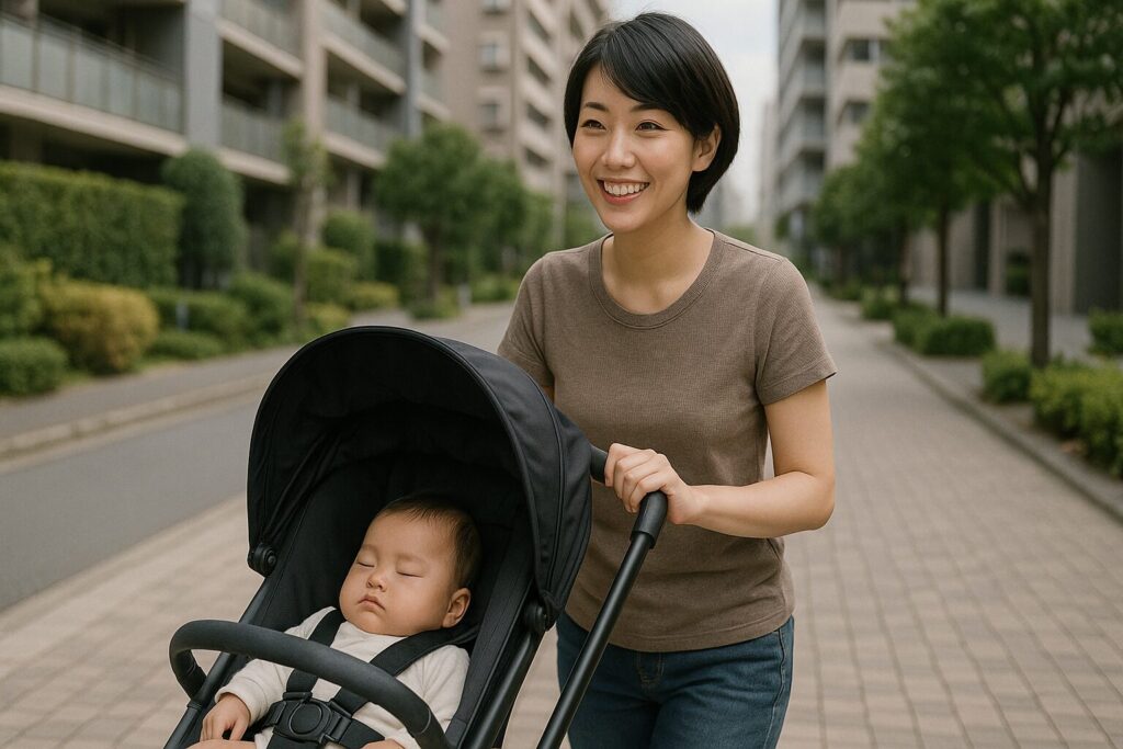 親子がベビーカーでお出かけをしている画像