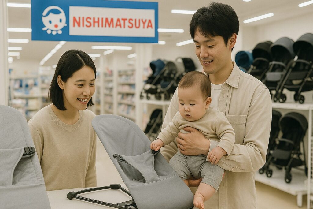 西松屋でバウンサーを家族で体験している画像