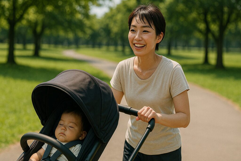 夏場のベビーカーで公園を散歩する親子