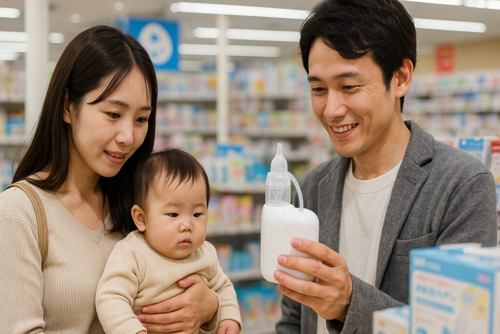 西松屋で鼻吸い器を選んでいる家族