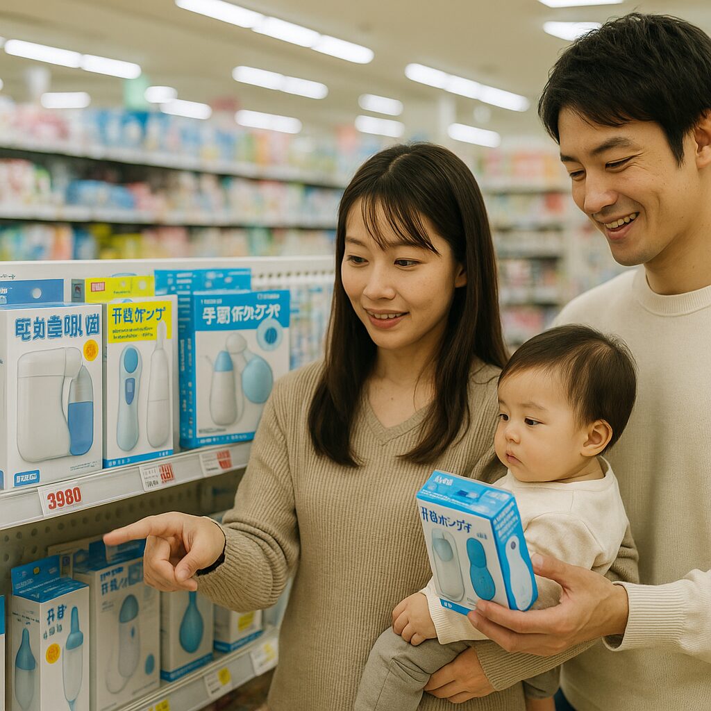 西松屋で電動鼻吸い器を選んでいる家族