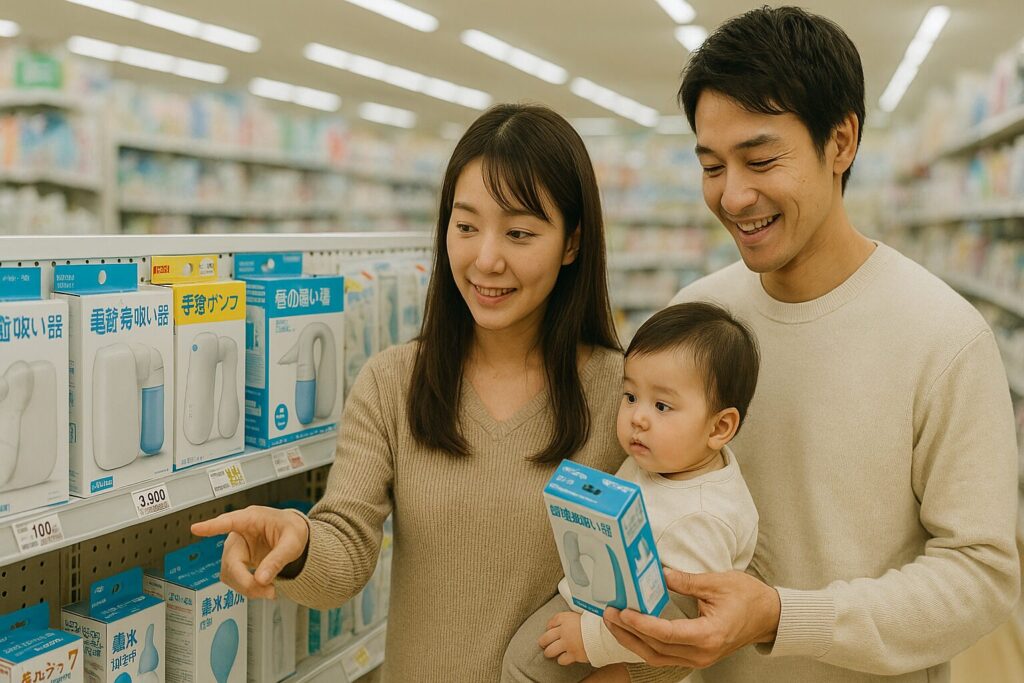 大人も利用できる電動鼻吸い器を選んでいる家族