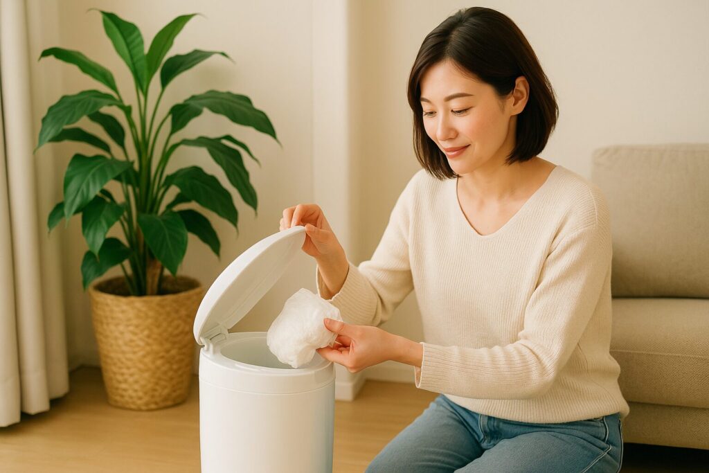 おむつをおむつ用ゴミ箱に入れる画像