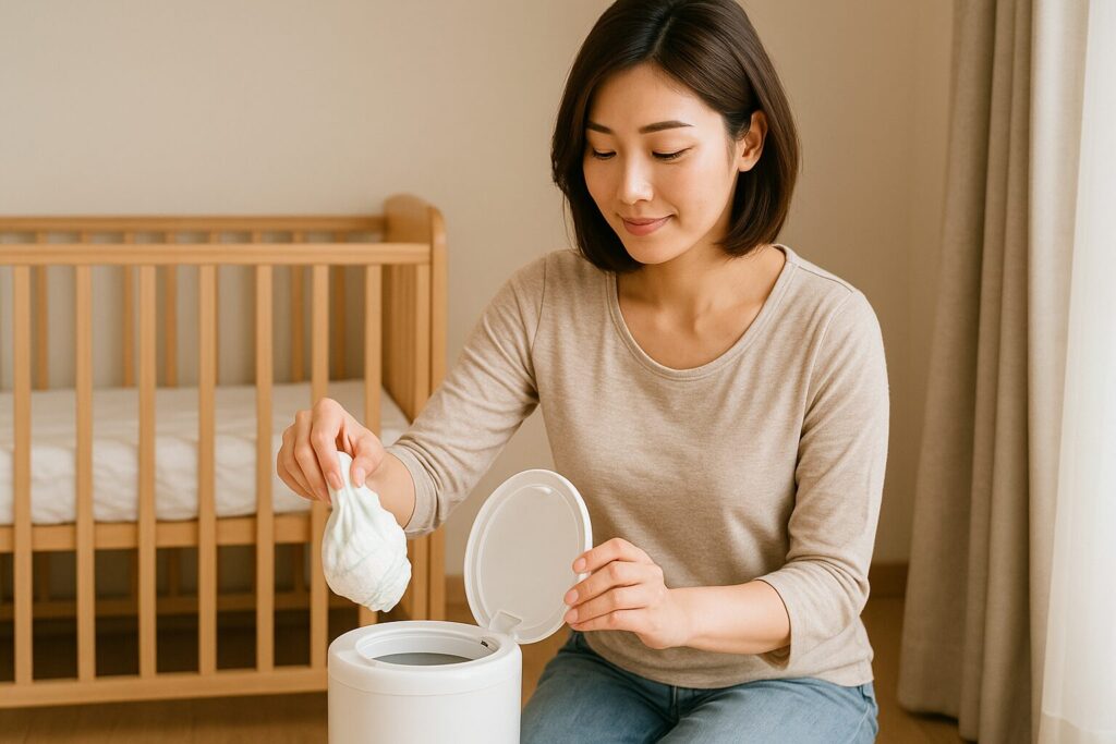 おむつ用ゴミ箱におむつを捨てるママの画像