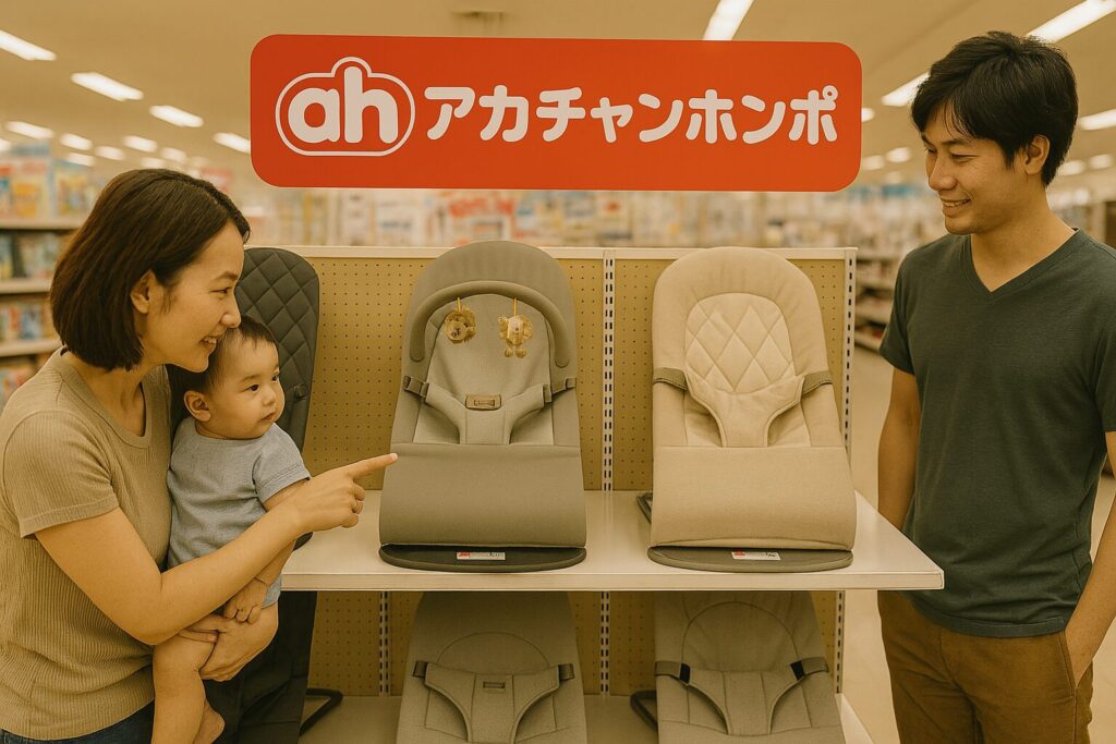 アカチャンホンポでベビーバウンサーを試す家族