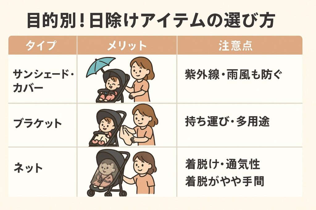 ベビーカーの日除けアイテムの選び方表