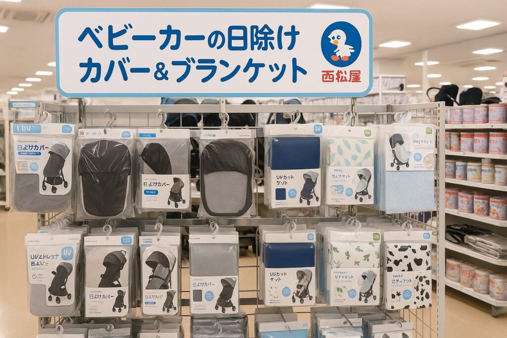 西松屋でベビーカー用の日除やブランケットを販売している画像