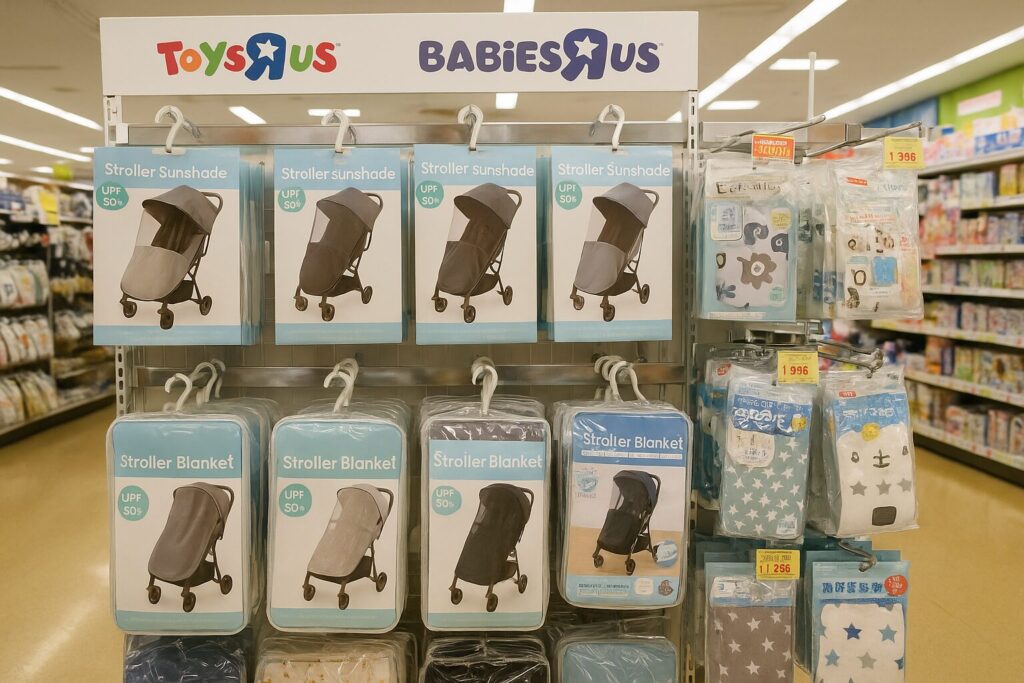 トイザらスにベビーカー用の日除けやブランケットが陳列されている写真