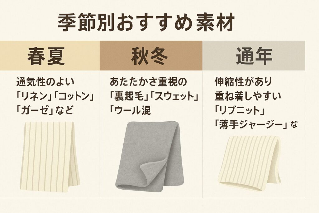 マタニティワンピースの季節ごとのおすす素材の図解