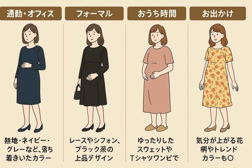 図解によるマタニティワンピースのシーン別の選び方