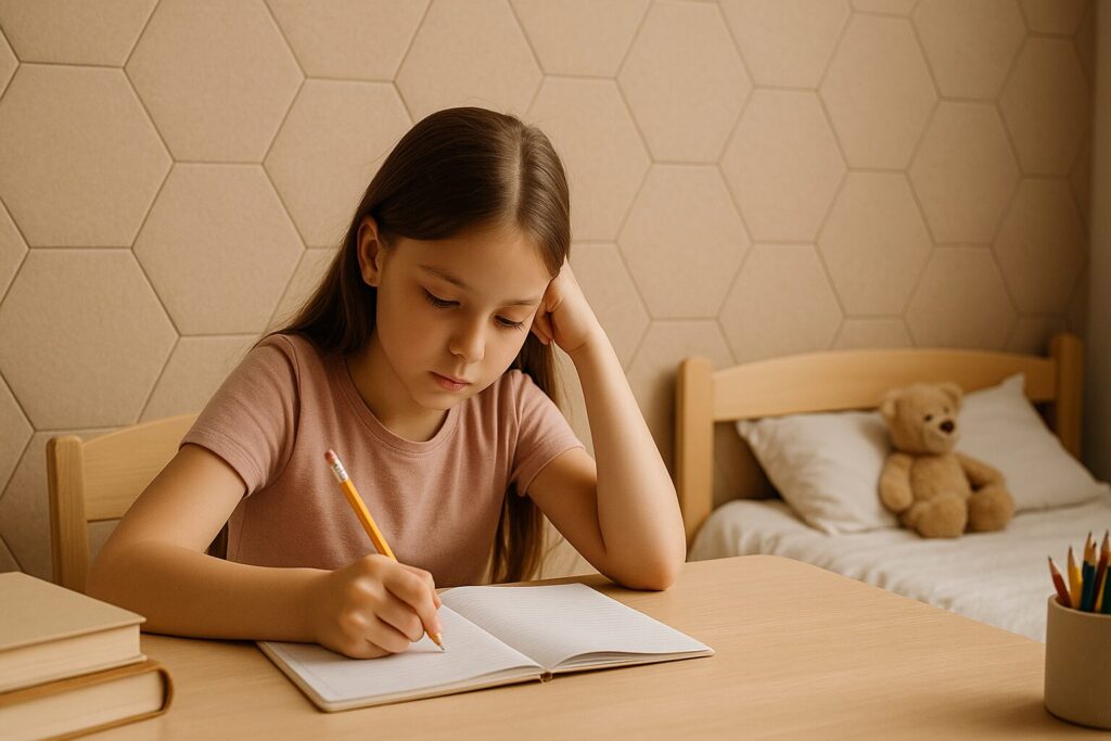 マンションの子供部屋で子供が静かな環境で勉強している写真