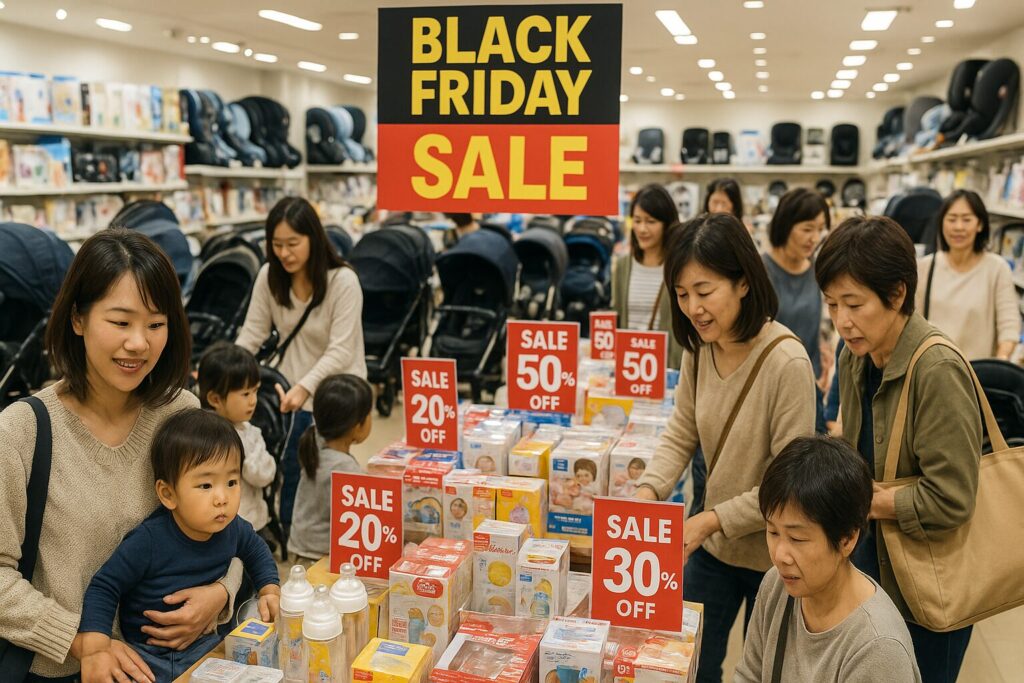 ブラックフラーで赤ちゃん用品が安く並んでいる画像