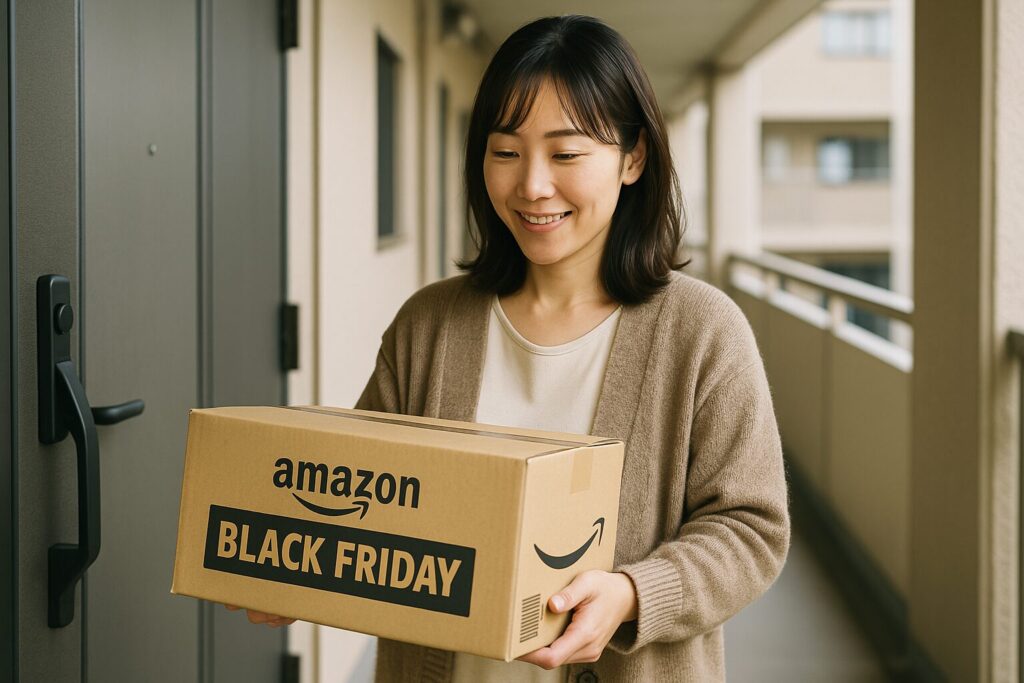 amazonブラックフライデーのダンボールを持つ主婦