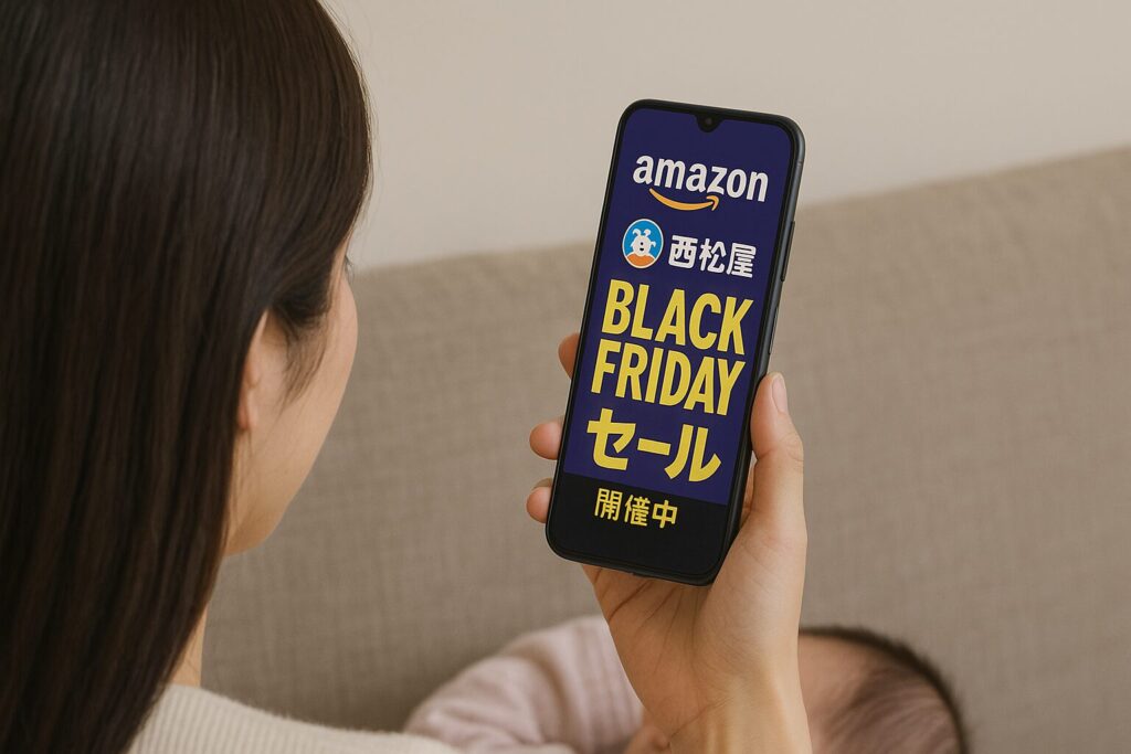 amazon西松屋ブラックフライデーのセール情報を見ているママ