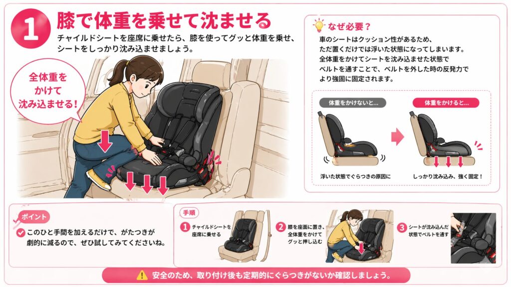 ①膝で体重を乗せて沈ませるコツのいイラスト