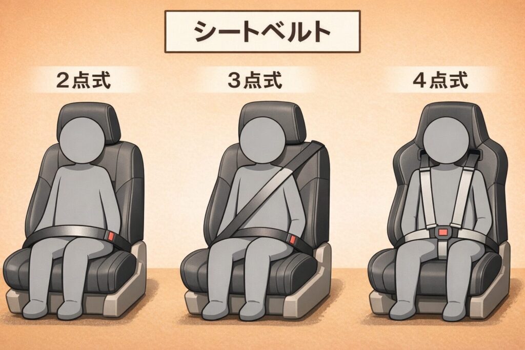 2点式、3点式、4点式のシートベルトイラスト