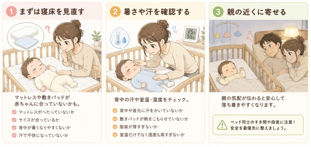ベビーベッドを急に嫌がる時に試すこと対策3つのイラスト